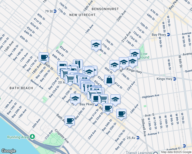 map of restaurants, bars, coffee shops, grocery stores, and more near 2117 83rd Street in Brooklyn