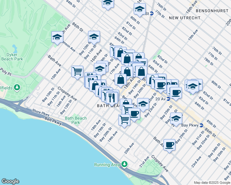 map of restaurants, bars, coffee shops, grocery stores, and more near 8730 18th Avenue in Brooklyn