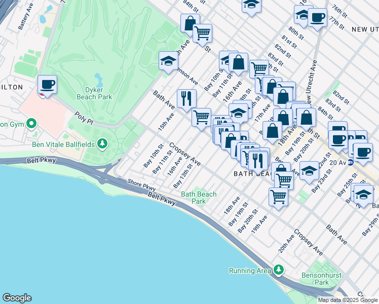 map of restaurants, bars, coffee shops, grocery stores, and more near 236 Bay 13th Street in Brooklyn