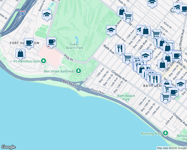 map of restaurants, bars, coffee shops, grocery stores, and more near 8921 15th Avenue in Brooklyn