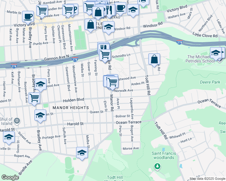 map of restaurants, bars, coffee shops, grocery stores, and more near 876 Manor Road in Staten Island