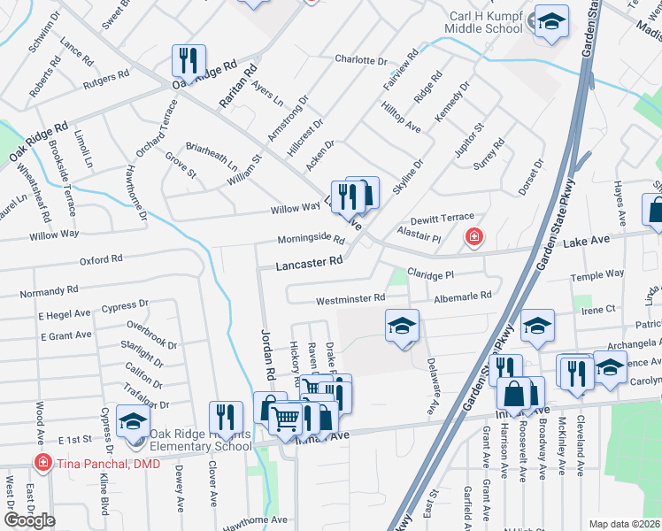 map of restaurants, bars, coffee shops, grocery stores, and more near 82 Cameo Place in Woodbridge Township
