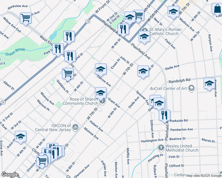 map of restaurants, bars, coffee shops, grocery stores, and more near 737 West 7th Street in Plainfield