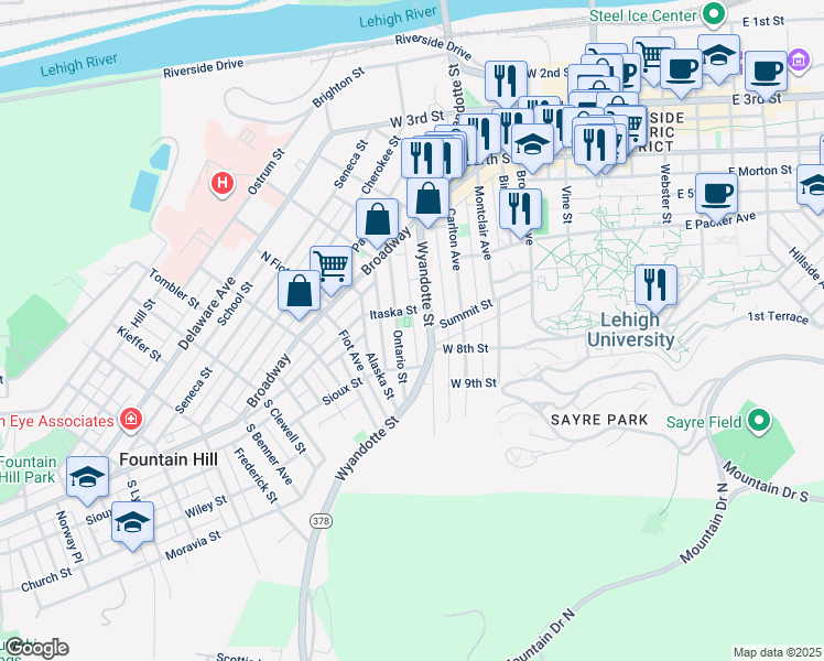 map of restaurants, bars, coffee shops, grocery stores, and more near 630 Bradley Street in Bethlehem