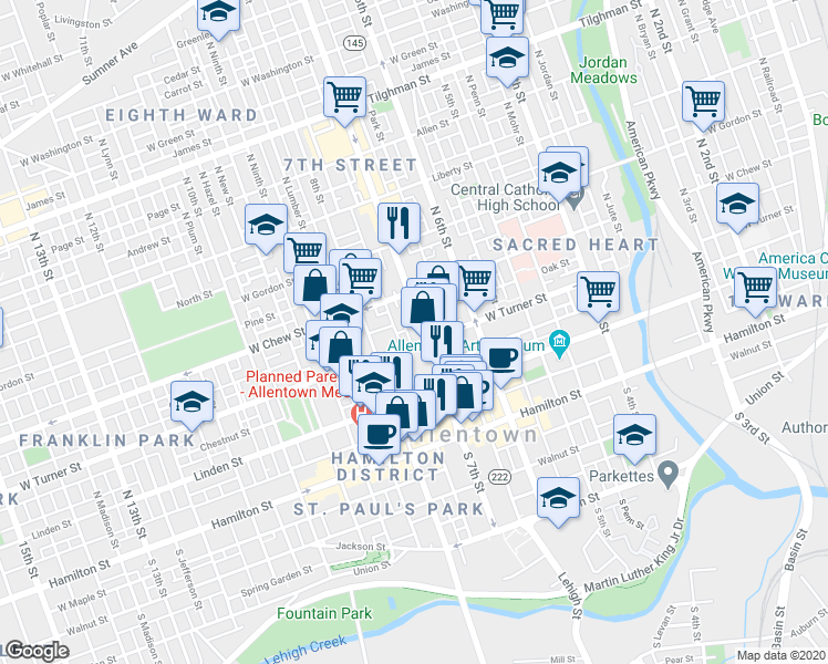 map of restaurants, bars, coffee shops, grocery stores, and more near 721 West Turner Street in Allentown