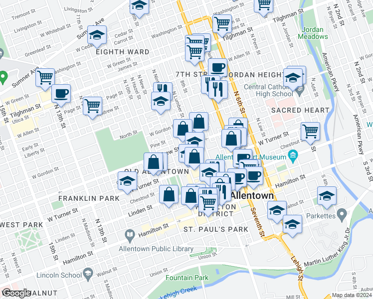 map of restaurants, bars, coffee shops, grocery stores, and more near 235 North Ninth Street in Allentown