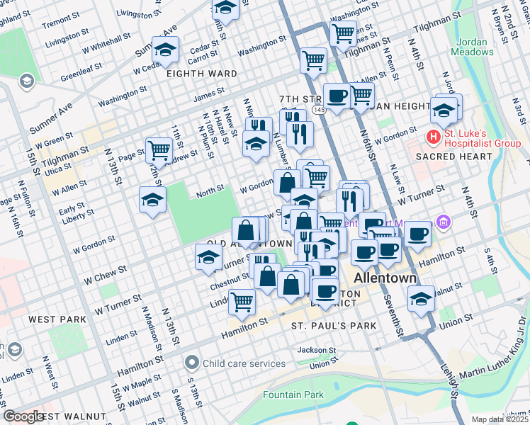 map of restaurants, bars, coffee shops, grocery stores, and more near 928 West Chew Street in Allentown