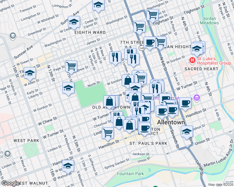 map of restaurants, bars, coffee shops, grocery stores, and more near 928 West Chew Street in Allentown