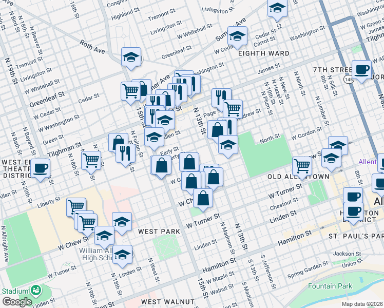 map of restaurants, bars, coffee shops, grocery stores, and more near 1352 Liberty Street in Allentown