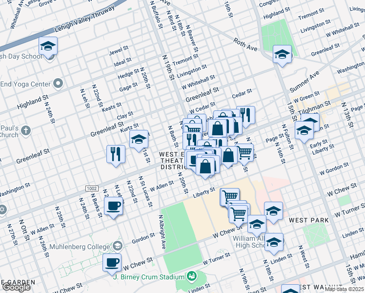 map of restaurants, bars, coffee shops, grocery stores, and more near 1935 Tilghman Street in Allentown
