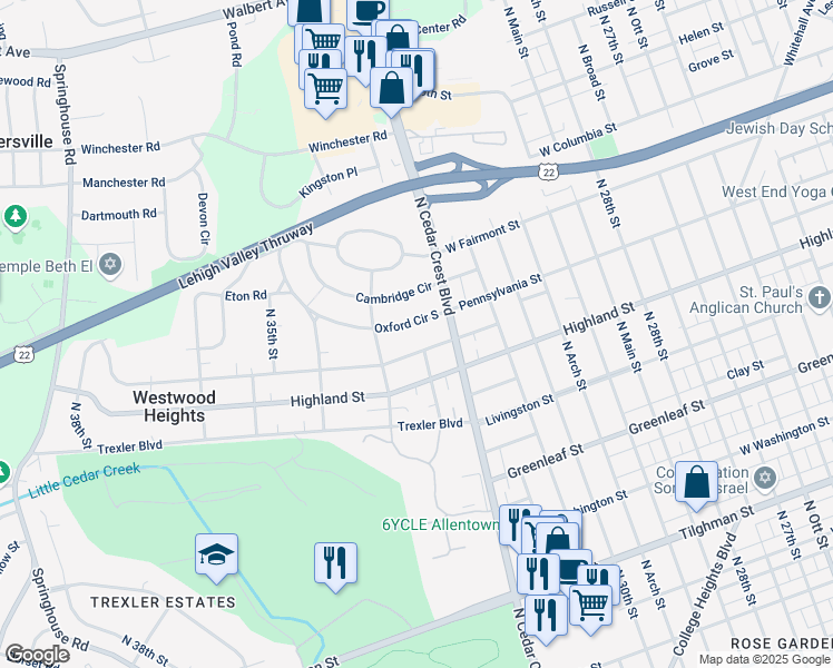 map of restaurants, bars, coffee shops, grocery stores, and more near 3115 Congress Street in Allentown