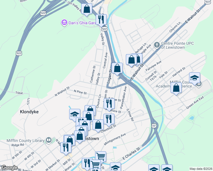 map of restaurants, bars, coffee shops, grocery stores, and more near 104 South Walnut Street in Lewistown