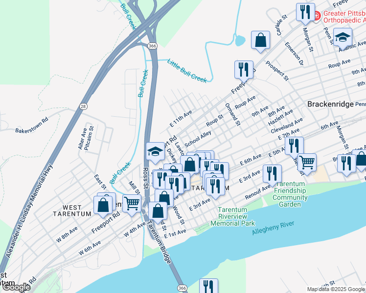map of restaurants, bars, coffee shops, grocery stores, and more near 902 Corbet Street in Tarentum