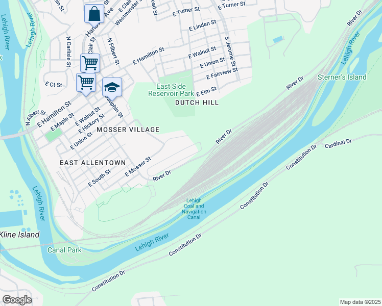 map of restaurants, bars, coffee shops, grocery stores, and more near 613 River Drive in Allentown