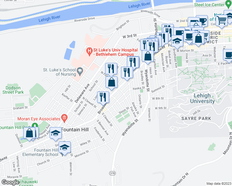map of restaurants, bars, coffee shops, grocery stores, and more near 816 Broadway in Bethlehem