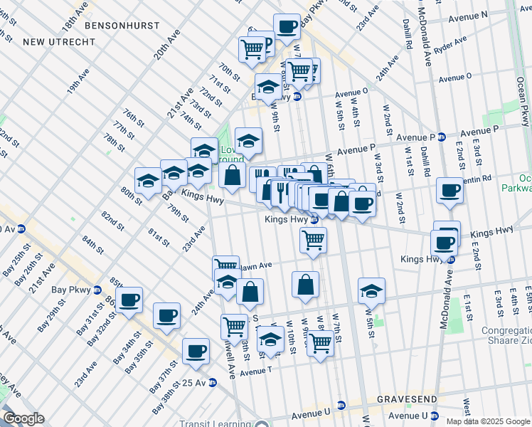 map of restaurants, bars, coffee shops, grocery stores, and more near 1720 West 10th Street in Brooklyn