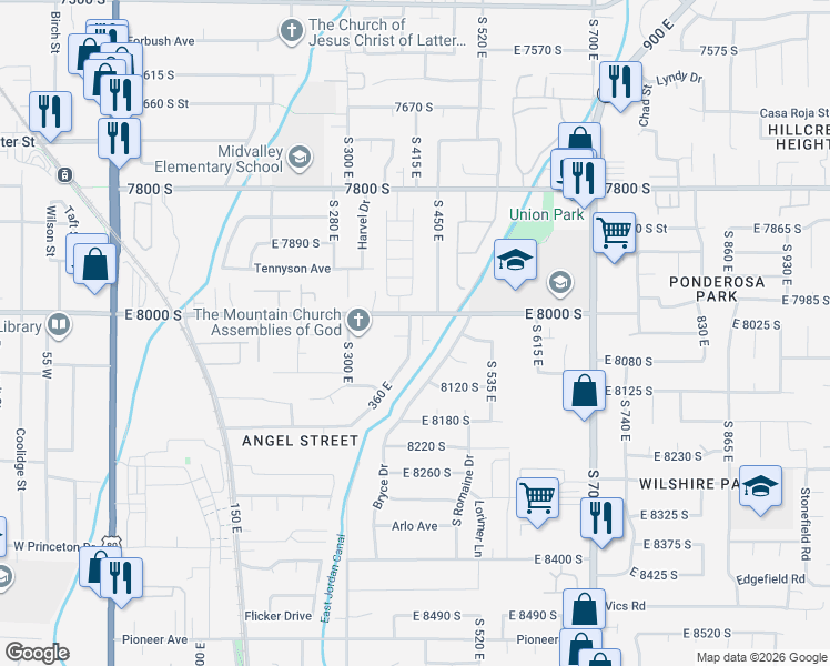 map of restaurants, bars, coffee shops, grocery stores, and more near 8029 South Angel Street in Sandy