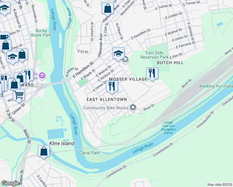 map of restaurants, bars, coffee shops, grocery stores, and more near 265 East Elm Street in Allentown