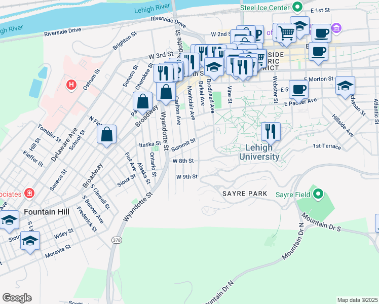 map of restaurants, bars, coffee shops, grocery stores, and more near 616 Muschlitz Street in Bethlehem