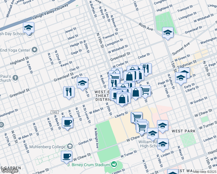 map of restaurants, bars, coffee shops, grocery stores, and more near 1935 Tilghman Street in Allentown