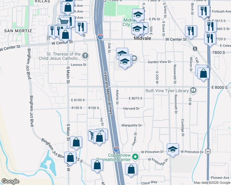 map of restaurants, bars, coffee shops, grocery stores, and more near 8032 South Adams Street in Midvale