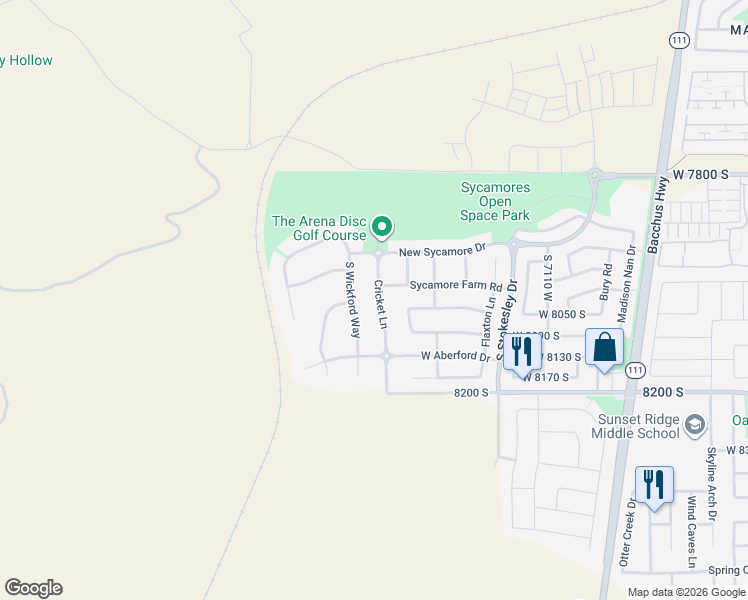 map of restaurants, bars, coffee shops, grocery stores, and more near 8026 Cricket Lane in West Jordan