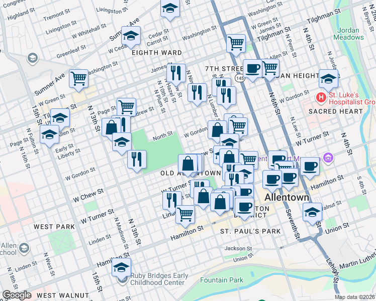 map of restaurants, bars, coffee shops, grocery stores, and more near 307 North 10th Street in Allentown