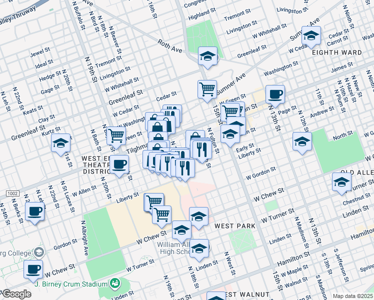 map of restaurants, bars, coffee shops, grocery stores, and more near 1629 West Allen Street in Allentown