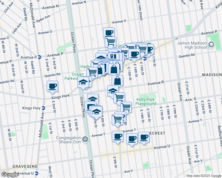 map of restaurants, bars, coffee shops, grocery stores, and more near 2502 East 10th Street in Brooklyn