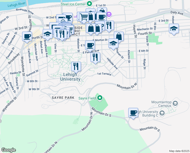 map of restaurants, bars, coffee shops, grocery stores, and more near 400 1st Terrace in Bethlehem