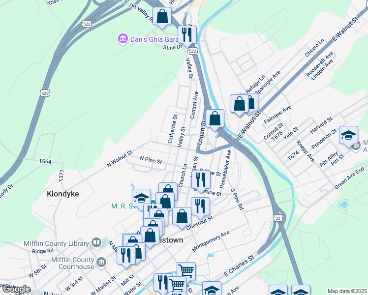 map of restaurants, bars, coffee shops, grocery stores, and more near 3 South Walnut Street in Lewistown