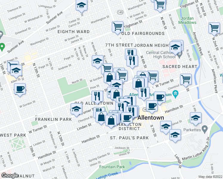 map of restaurants, bars, coffee shops, grocery stores, and more near 235 North Ninth Street in Allentown