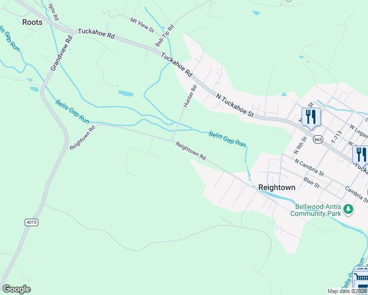 map of restaurants, bars, coffee shops, grocery stores, and more near Reightown Road in Tyrone