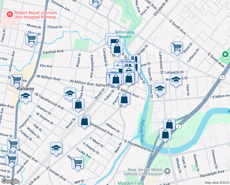 map of restaurants, bars, coffee shops, grocery stores, and more near 123 East Milton Avenue in Rahway