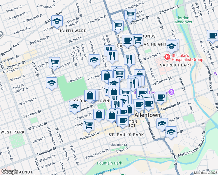 map of restaurants, bars, coffee shops, grocery stores, and more near 235 North Ninth Street in Allentown