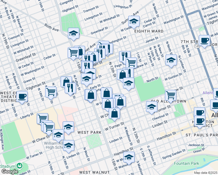 map of restaurants, bars, coffee shops, grocery stores, and more near 1352 Liberty Street in Allentown