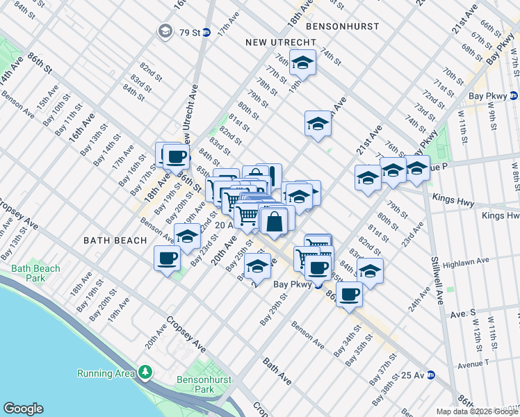 map of restaurants, bars, coffee shops, grocery stores, and more near 2032 84th Street in Brooklyn