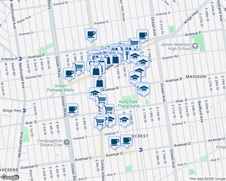 map of restaurants, bars, coffee shops, grocery stores, and more near 1230 Avenue R in Brooklyn