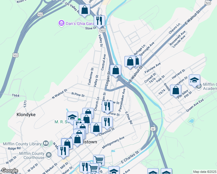 map of restaurants, bars, coffee shops, grocery stores, and more near 312 Logan Street in Lewistown