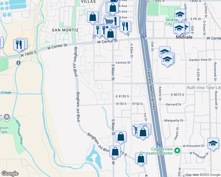 map of restaurants, bars, coffee shops, grocery stores, and more near 8038 South Main Street in Midvale