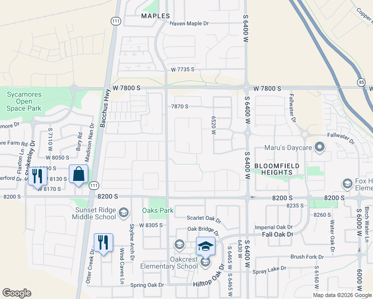 map of restaurants, bars, coffee shops, grocery stores, and more near 6628 West Earligrande Way in West Jordan
