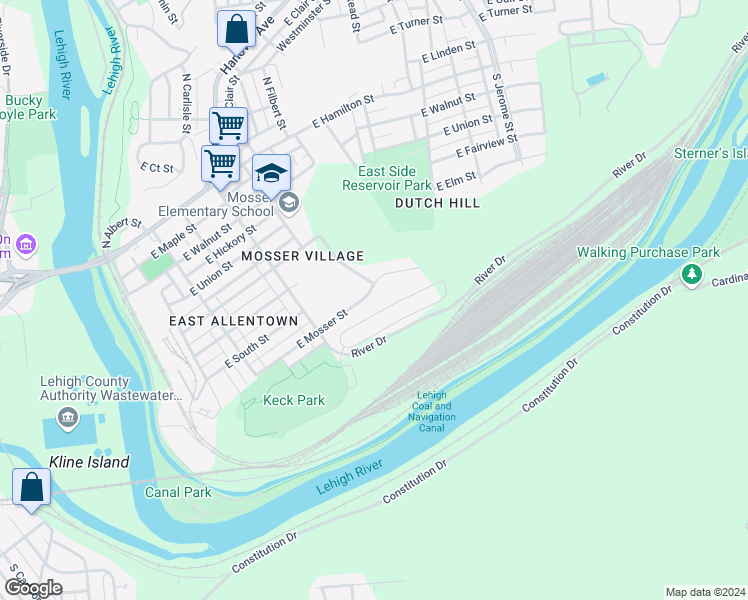 map of restaurants, bars, coffee shops, grocery stores, and more near 434 East Mosser Street in Allentown