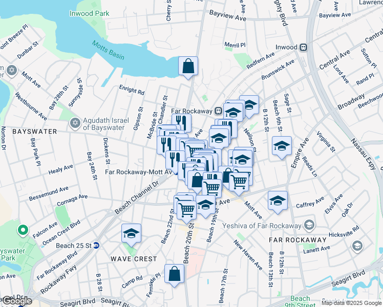 map of restaurants, bars, coffee shops, grocery stores, and more near 1720 Village Lane in Queens