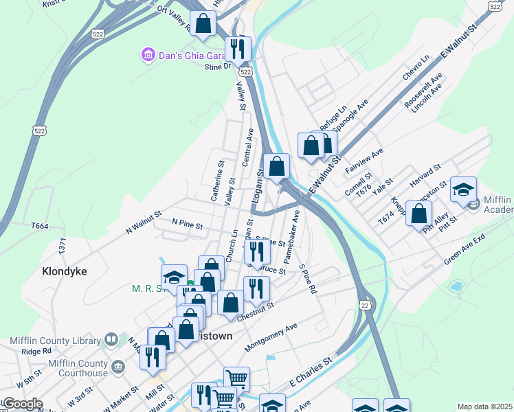 map of restaurants, bars, coffee shops, grocery stores, and more near 312 Logan Street in Lewistown