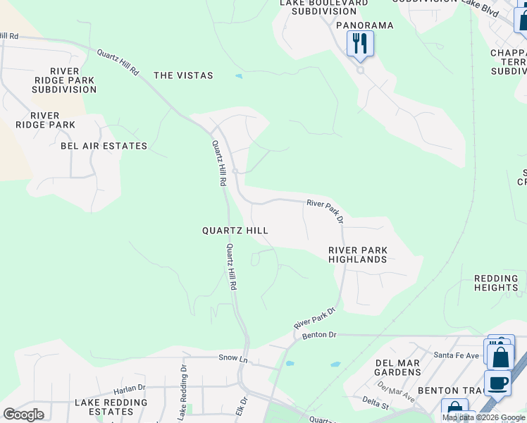 map of restaurants, bars, coffee shops, grocery stores, and more near 271 Ironwood Lane in Redding