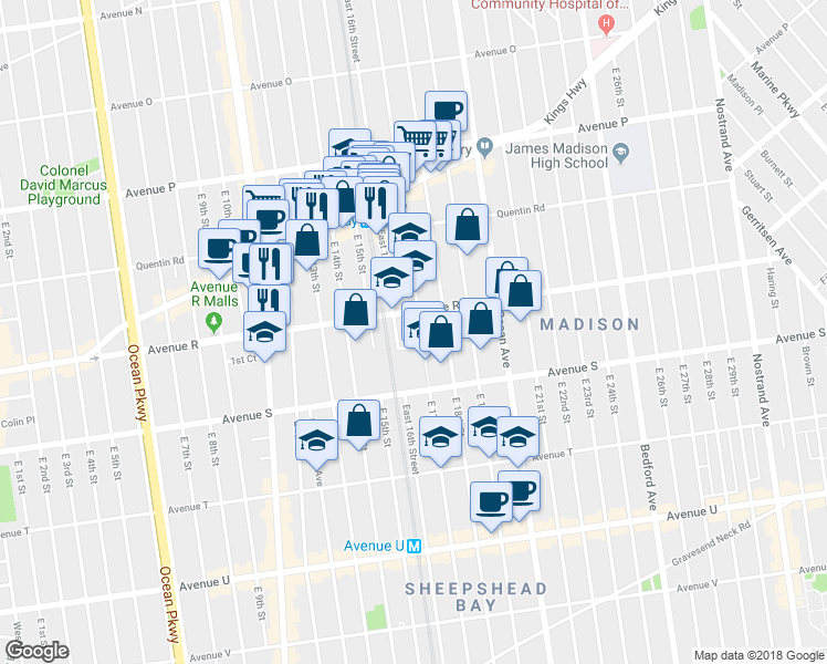 map of restaurants, bars, coffee shops, grocery stores, and more near 1836 East 17th Street in Brooklyn