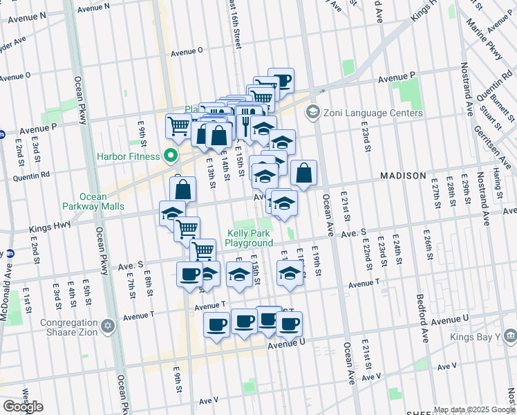 map of restaurants, bars, coffee shops, grocery stores, and more near 1835 East 15th Street in Brooklyn