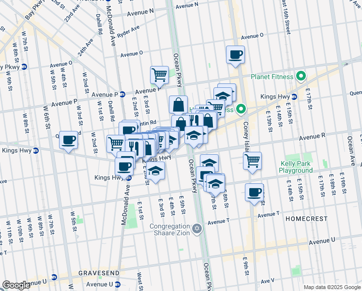 map of restaurants, bars, coffee shops, grocery stores, and more near 501 Avenue R in Brooklyn