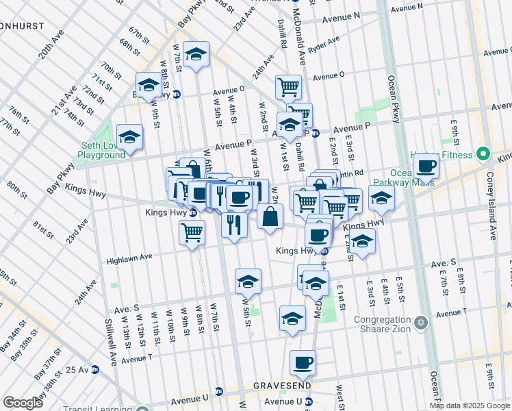 map of restaurants, bars, coffee shops, grocery stores, and more near 355 Kings Highway in Brooklyn