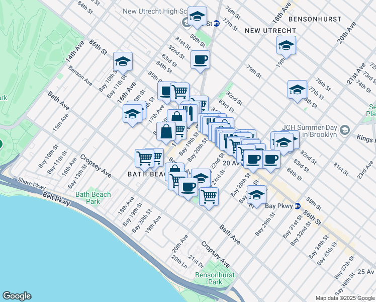 map of restaurants, bars, coffee shops, grocery stores, and more near 69 Bay 20th Street in Brooklyn